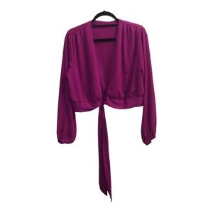 Lyaner Magenta Women's Tie Front Crop Top Size L Open Front  Balloon Sleeves